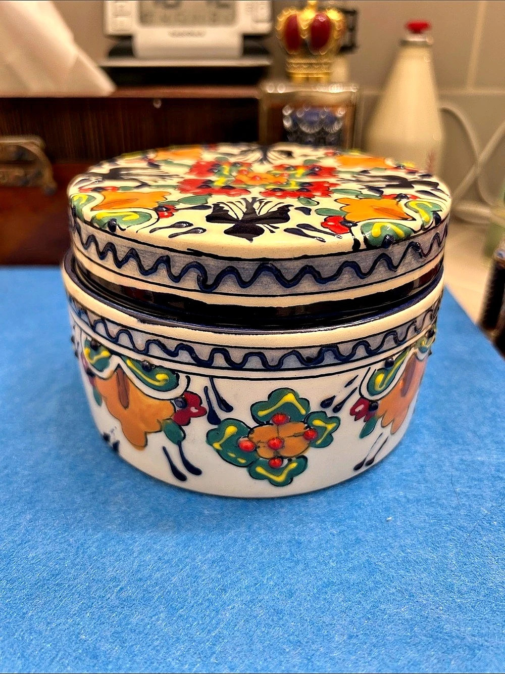 Mexican Talareva pottery Hand-Painted Floral Ceramic Trinket Box, White & Blue